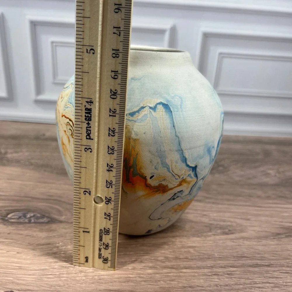 Nemadji Pottery Bud Vase 5 in Cream Blue Orange Marbled Swirl Made in USA